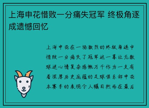 上海申花惜败一分痛失冠军 终极角逐成遗憾回忆 上海申花惜败一分痛失冠军 终极角逐成遗憾回忆