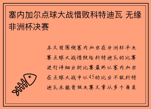 塞内加尔点球大战惜败科特迪瓦 无缘非洲杯决赛 塞内加尔点球大战惜败科特迪瓦 无缘非洲杯决赛